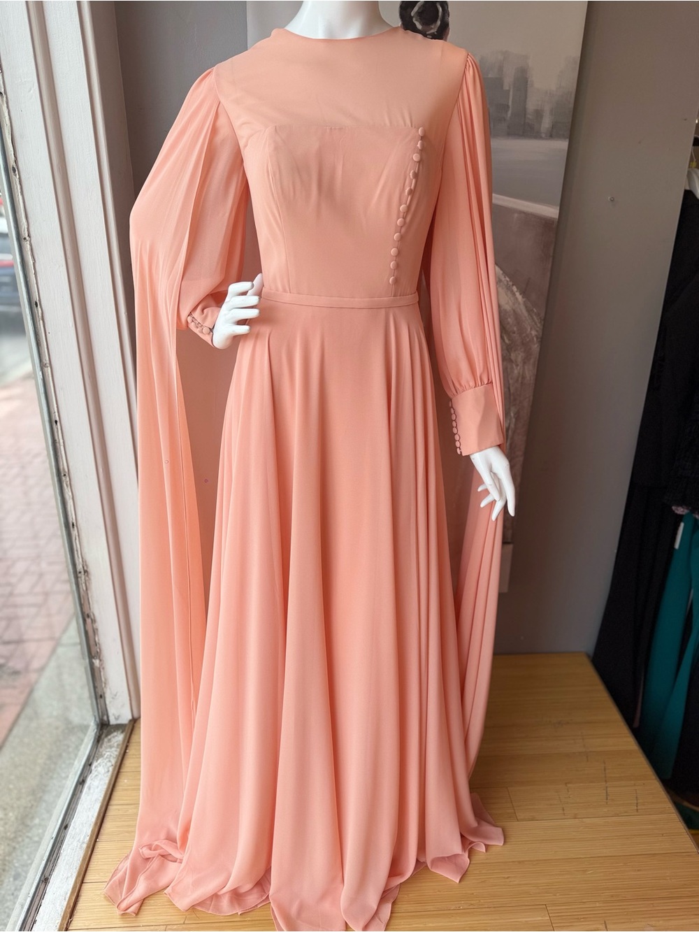 Salmon Long-Sleeve Maxi Dress with Draped Cape Sleeves